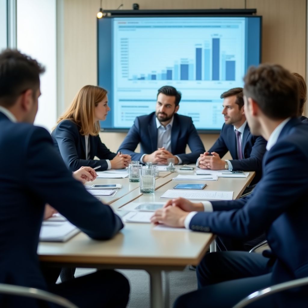 Equipo de análisis económico en reunión estratégica